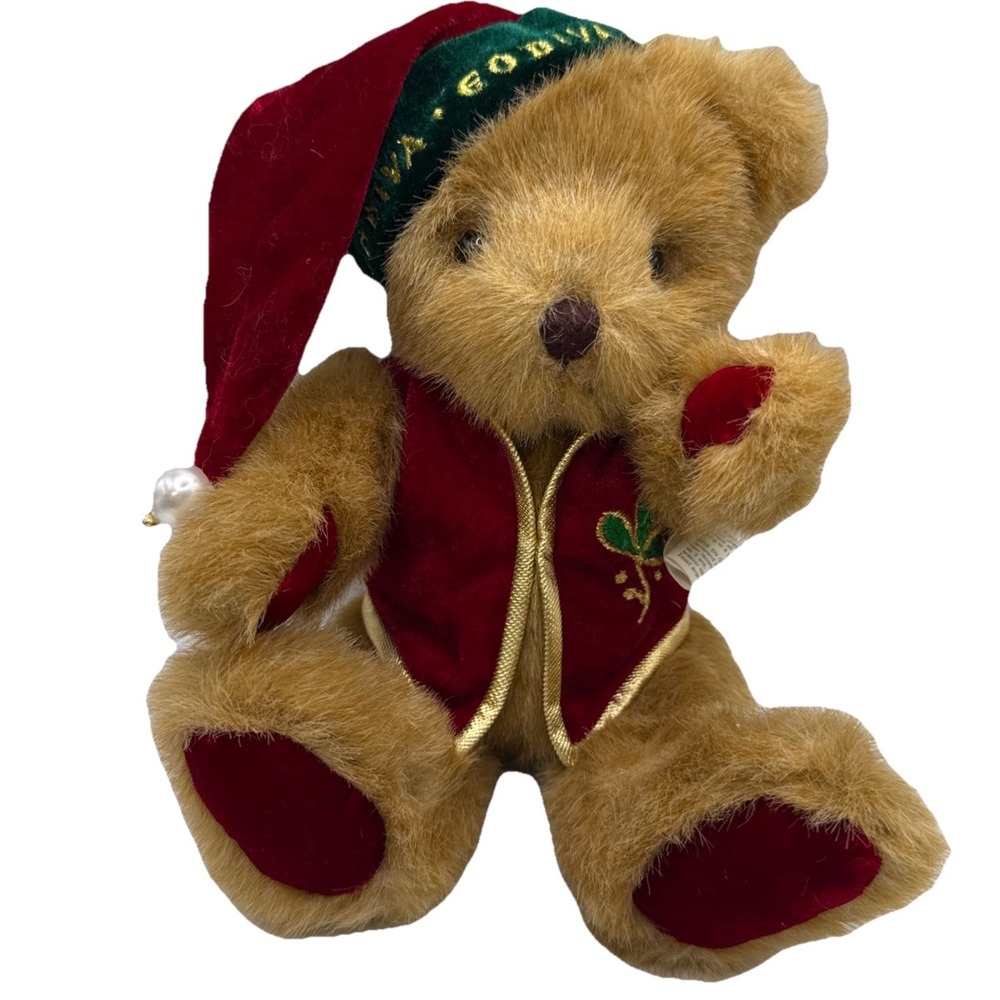 Godiva Christmas Holiday Plush Jointed‎ Teddy Bear Red Velvet Hat Vest Paws  10"